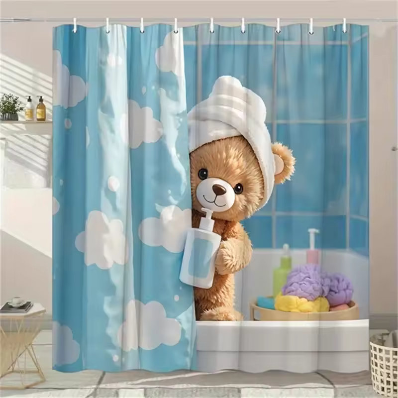 Teddy Bear Shower Curtain - Plush Bear & Towel Design, Blue Clouds, Polyester, 12 Hooks, 70.8x70.8 Inches, Washable
