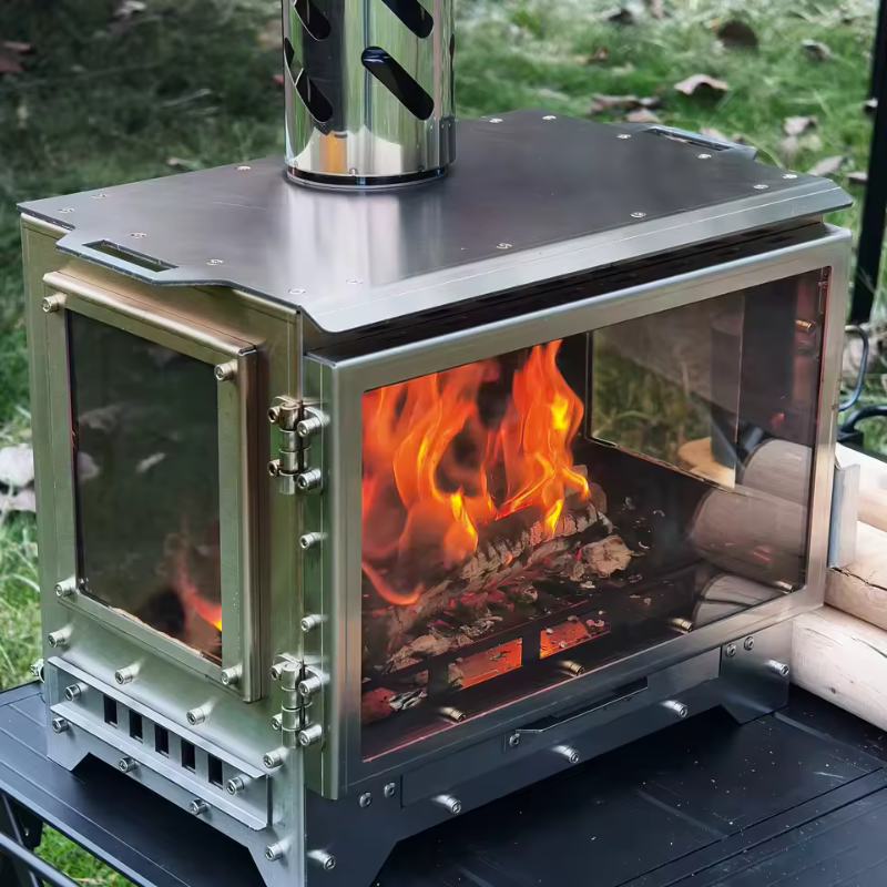 Outdoor Wood Stove Tent Heater Stainless Steel 3 Glass Fire Observation Fireplace Brazier Portable with Chimney Camping Furance